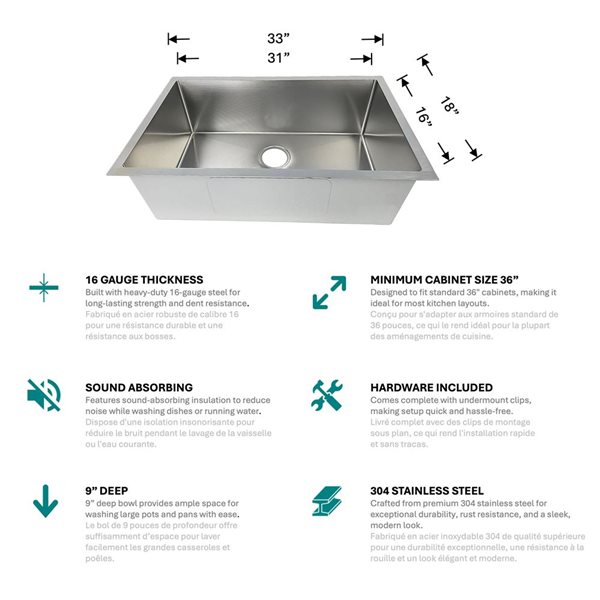 Unique Home Supplies Textured Finish 33-in 16 Gauge Undermount Kitchen Sink - Single - Bowl Stainless Steel