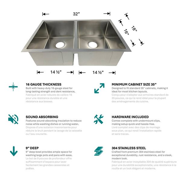Unique Home Supplies Textured Finish 32-in 16 Gauge Undermount Kitchen Sink - Double - Bowl Stainless Steel
