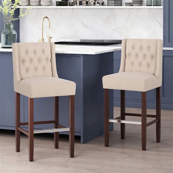 Clihome 30.5-in H Metal Frame Bar Stool with Back - Off-White Fabric Square Seat