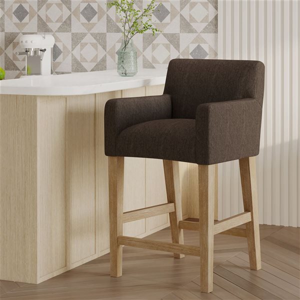 Clihome 26-in H Rubberwood Frame Counter Stool with Arms and Back - Brown Fabric Square Seat