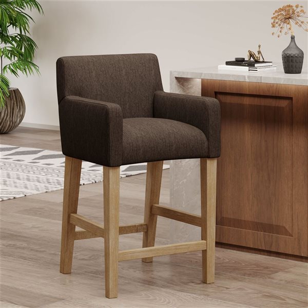 Clihome 26-in H Rubberwood Frame Counter Stool with Arms and Back - Brown Fabric Square Seat