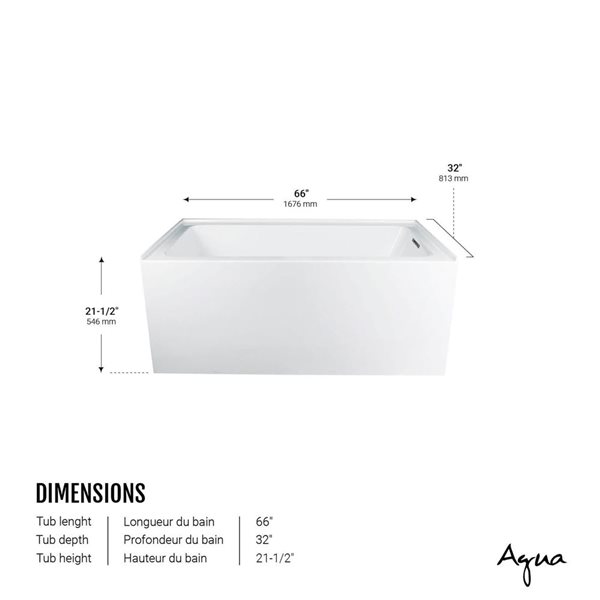 Agua Canada Brio 66 x 32-in White Acrylic Rectangular Alcove Bathtub