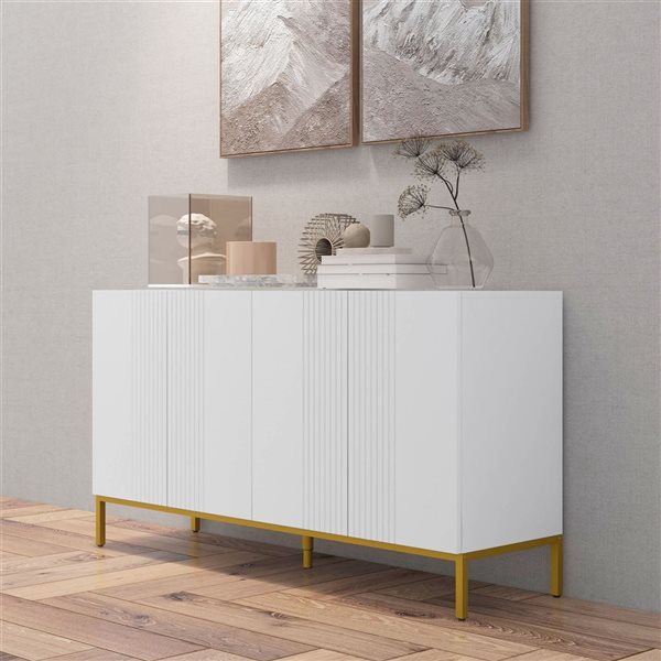 HOMCOM 55.1 W x 29.5-in H White Modern Sideboard w/ Fluted Doors and Gold Base