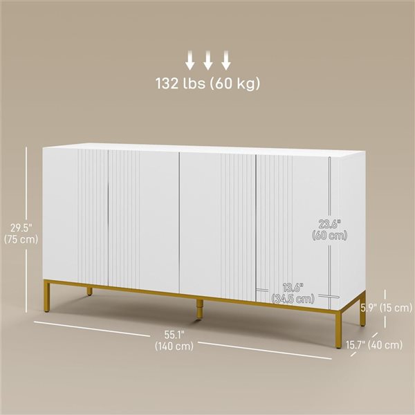 HOMCOM 55.1 W x 29.5-in H White Modern Sideboard w/ Fluted Doors and Gold Base