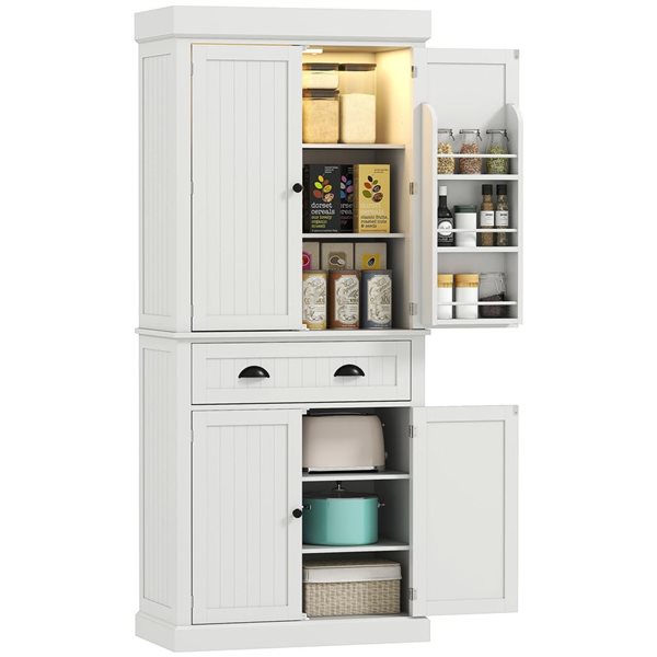 HOMCOM 30 W x 71-in H White MDF Kitchen Pantry Cabinet w/ Spice Racks and LED Lights