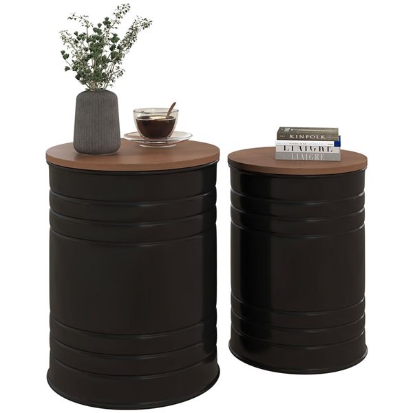 HOMCOM 14.6 dia x 19.1-in H Black Metal/Brown Wood Industrial Nesting End Table w/ Lids - Set of 2