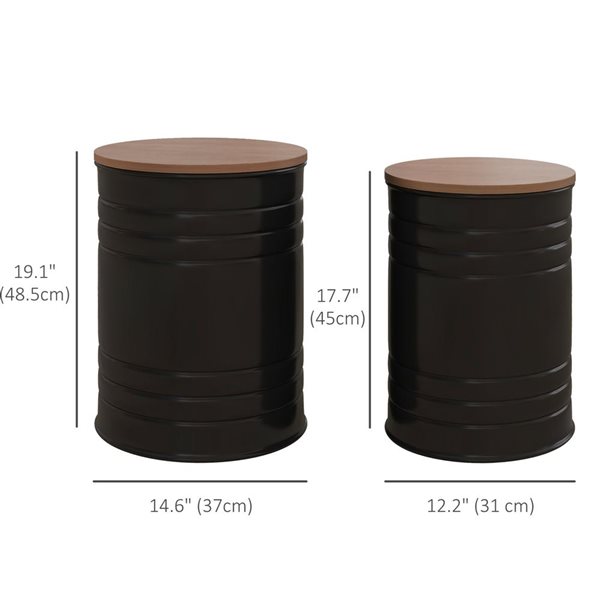 HOMCOM 14.6 dia x 19.1-in H Black Metal/Brown Wood Industrial Nesting End Table w/ Lids - Set of 2