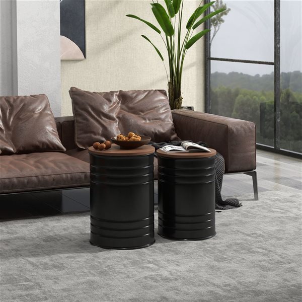 HOMCOM 14.6 dia x 19.1-in H Black Metal/Brown Wood Industrial Nesting End Table w/ Lids - Set of 2