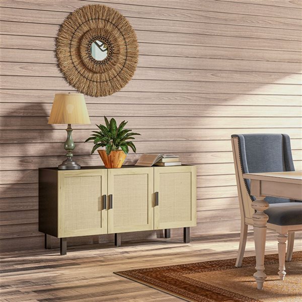 HOMCOM 53.5 W x 27.6-in H Black/Natural Boho-Style Sideboard w/ 3 Rattan Doors