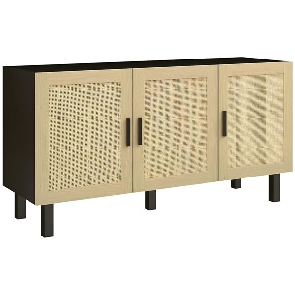 HOMCOM 53.5 W x 27.6-in H Black/Natural Boho-Style Sideboard w/ 3 Rattan Doors