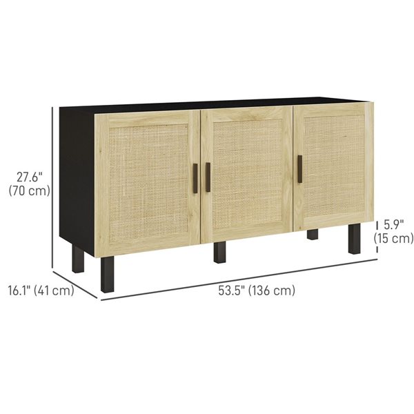 HOMCOM 53.5 W x 27.6-in H Black/Natural Boho-Style Sideboard w/ 3 Rattan Doors