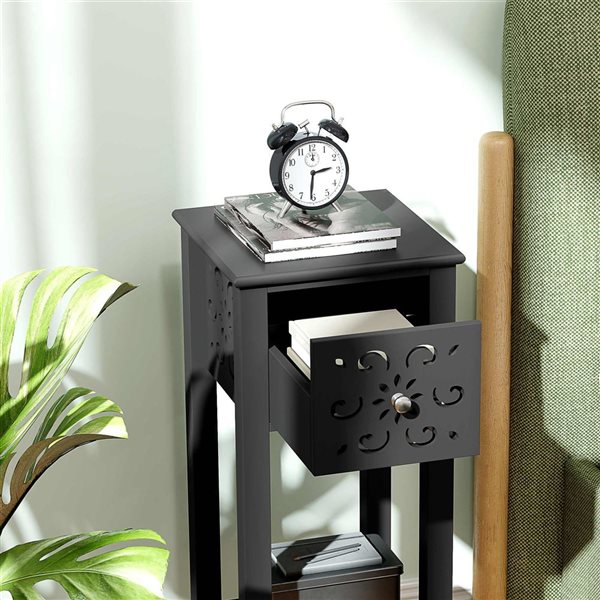 HOMCOM 11.8 W x 29.5-in H Black Composite Modern End Table w/ Drawer and Open Storage Shelf - Set of 2