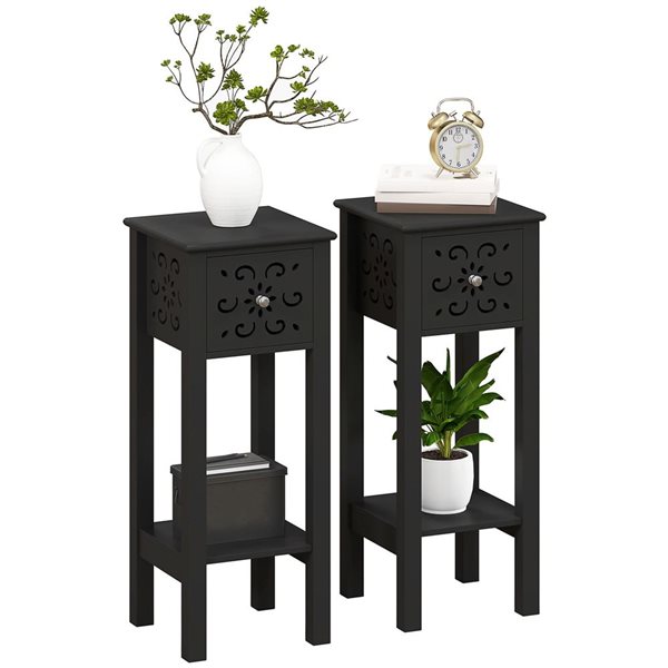 HOMCOM 11.8 W x 29.5-in H Black Composite Modern End Table w/ Drawer and Open Storage Shelf - Set of 2