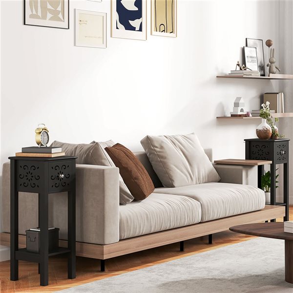 HOMCOM 11.8 W x 29.5-in H Black Composite Modern End Table w/ Drawer and Open Storage Shelf - Set of 2