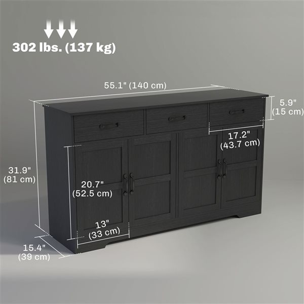 HOMCOM 55 W x 32-in H Distressed Black Particleboard Modern Sideboard w/ Drawers and Shaker Doors