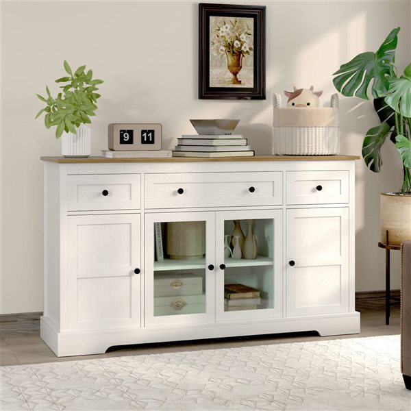 HOMCOM 55 W x 32-in H Distressed White Melamine-Coated Traditional Sideboard w/ Glass Doors