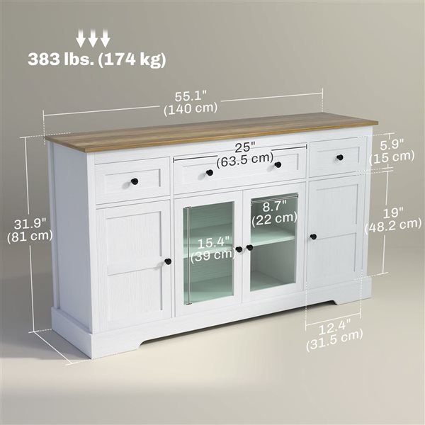 HOMCOM 55 W x 32-in H Distressed White Melamine-Coated Traditional Sideboard w/ Glass Doors