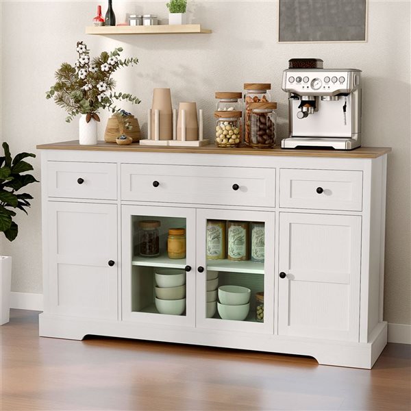 HOMCOM 55 W x 32-in H Distressed White Melamine-Coated Traditional Sideboard w/ Glass Doors