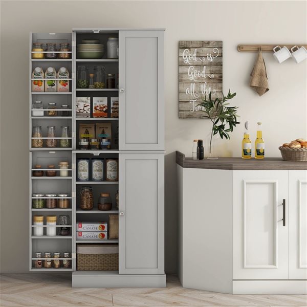 HOMCOM 24 W x 65-in H Grey Modern Kitchen Pantry w/ Adjustable Shelves and Spice Racks