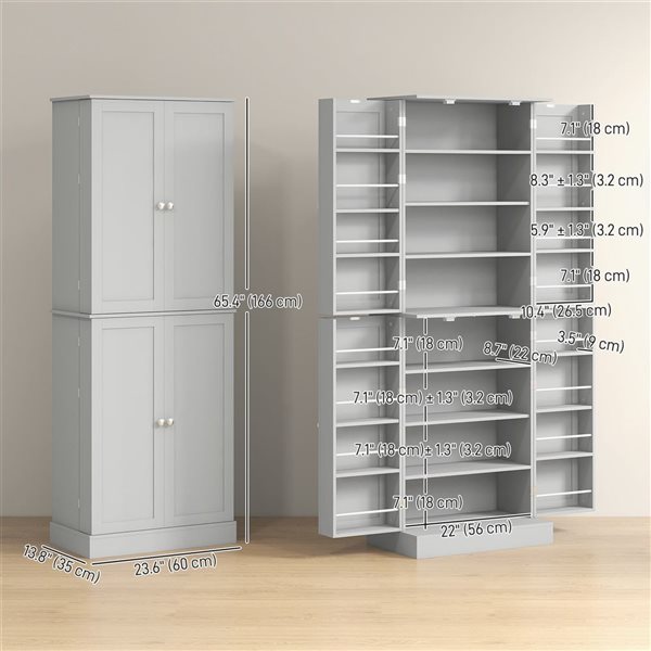 HOMCOM 24 W x 65-in H Grey Modern Kitchen Pantry w/ Adjustable Shelves and Spice Racks