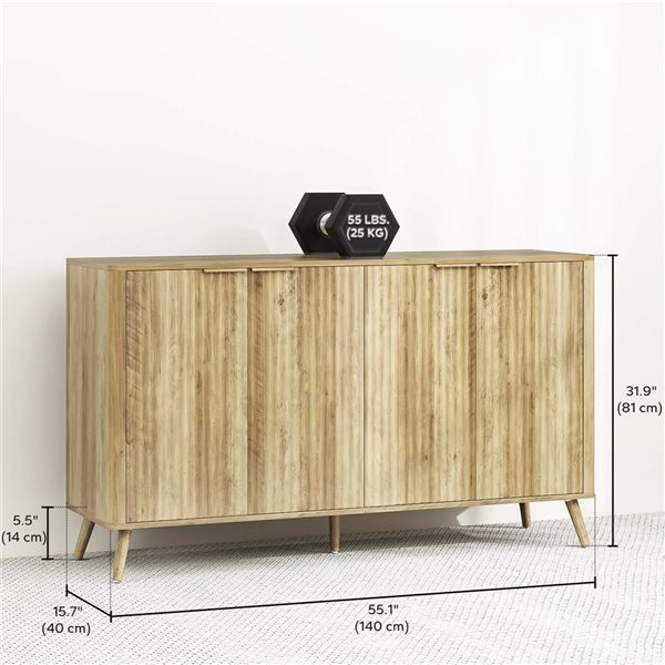 HOMCOM 55 W x 32-in H Natural Oak MDF Modern Sideboard w/ 4 Fluted Doors