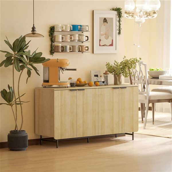 HOMCOM 55 W x 30-in H Natural Oak Particleboard Modern Sideboard w/ 4 Fluted Doors and Black Metal Legs