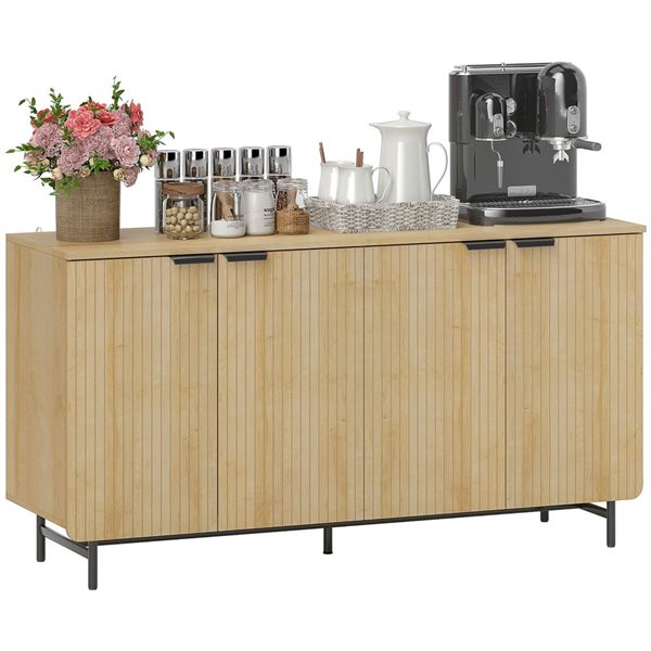 HOMCOM 55 W x 30-in H Natural Oak Particleboard Modern Sideboard w/ 4 Fluted Doors and Black Metal Legs