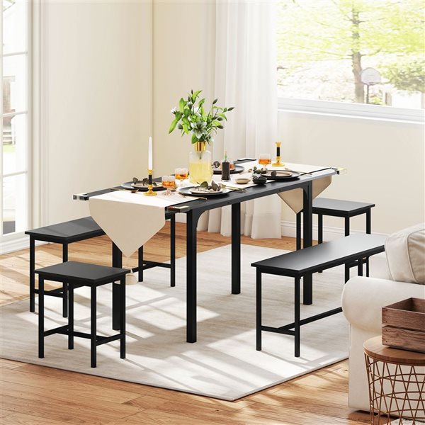 HOMCOM Black MDF/Galvanized Steel Industrial-Style 5-Piece Extendable Dining Room Set w/ Benches