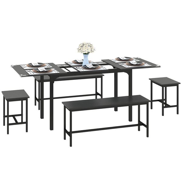 HOMCOM Black MDF/Galvanized Steel Industrial-Style 5-Piece Extendable Dining Room Set w/ Benches