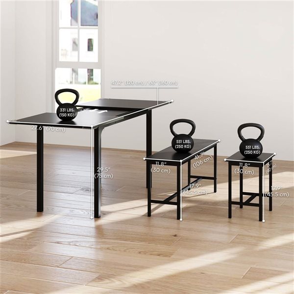 HOMCOM Black MDF/Galvanized Steel Industrial-Style 5-Piece Extendable Dining Room Set w/ Benches