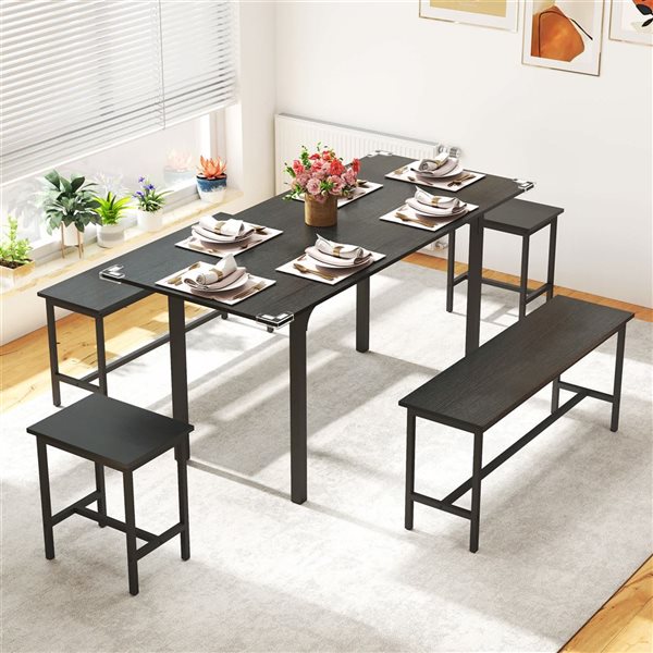 HOMCOM Black MDF/Galvanized Steel Industrial-Style 5-Piece Extendable Dining Room Set w/ Benches