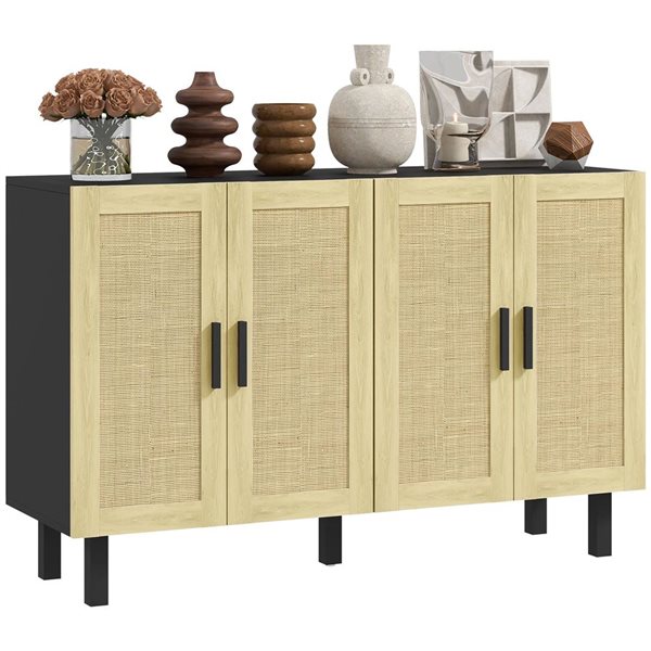 HOMCOM 47.2 W x 29.9-in H Black/Natural Boho-Style Sideboard w/ 4 Rattan Doors