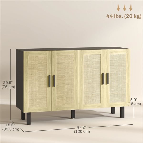 HOMCOM 47.2 W x 29.9-in H Black/Natural Boho-Style Sideboard w/ 4 Rattan Doors