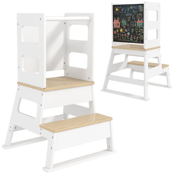 Qaba Toddler Tower Kitchen Step Stool 2 w/ Chalkboard and Safety Rail - White