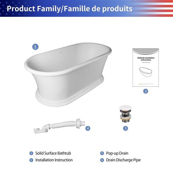 Rainlex 61x31x24-in Freestanding Solid Surface Oval Soaking Bathtub w/ Matte White Pop-Up Drain - White