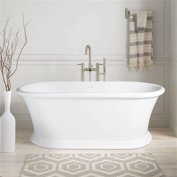 Rainlex 61x31x24-in Freestanding Solid Surface Oval Soaking Bathtub w/ Matte White Pop-Up Drain - White
