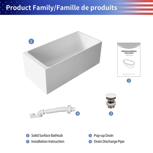 Rainlex 59x28x22-in Freestanding Solid Surface Rectangular Soaking Bathtub w/ Matte White Pop-Up Drain - White
