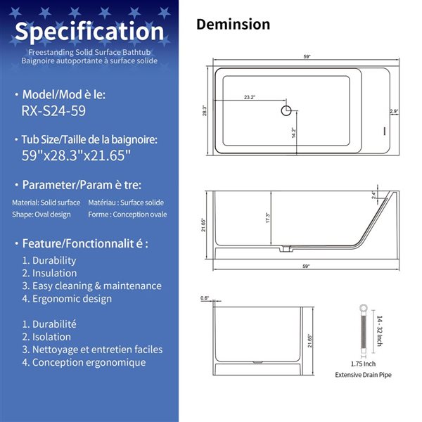 Rainlex 59x28x22-in Freestanding Solid Surface Rectangular Soaking Bathtub w/ Matte White Pop-Up Drain - White
