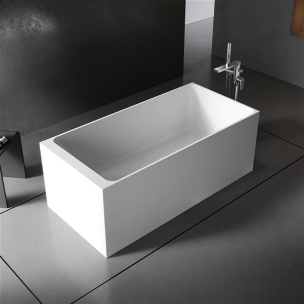 Rainlex 59x28x22-in Freestanding Solid Surface Rectangular Soaking Bathtub w/ Matte White Pop-Up Drain - White