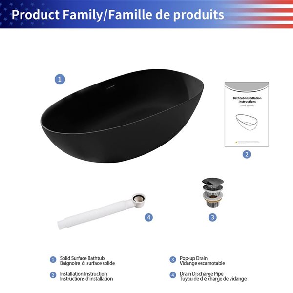 Rainlex 67x34x23-in Freestanding Solid Surface Oval Soaking Bathtub w/ Chrome Pop-Up Drain - Black