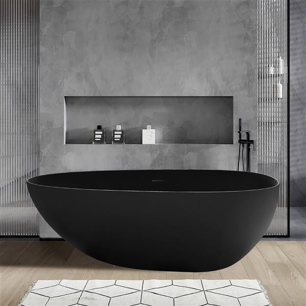 Rainlex 67x34x23-in Freestanding Solid Surface Oval Soaking Bathtub w/ Chrome Pop-Up Drain - Black