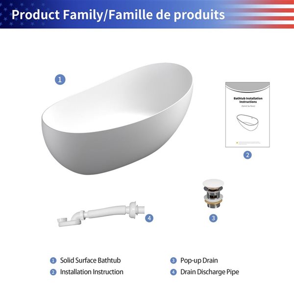 Rainlex 63x31x28-in Freestanding Solid Surface Oval Soaking Bathtub w/ Matte White Pop-Up Drain - White