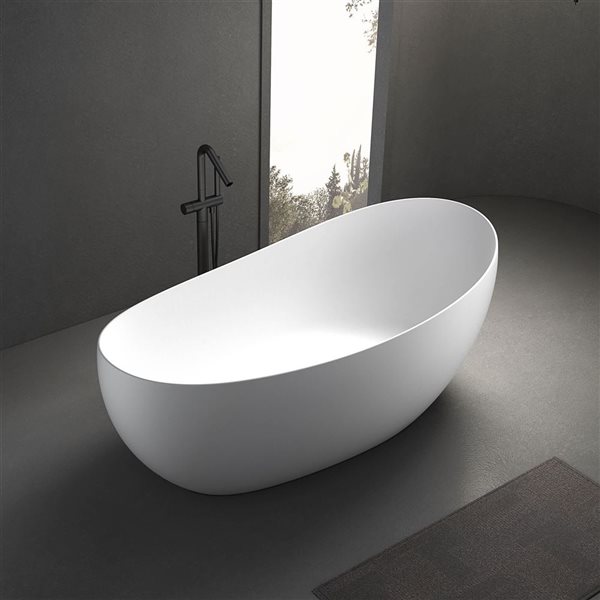 Rainlex 63x31x28-in Freestanding Solid Surface Oval Soaking Bathtub w/ Matte White Pop-Up Drain - White