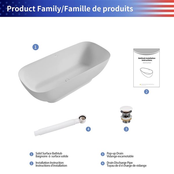 Rainlex 67x29.5x21.6-in Freestanding Solid Surface Oval Soaking Bathtub w/ Matte White Pop-Up Drain - White