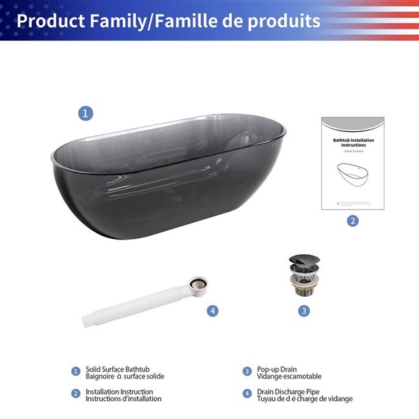 Rainlex 69x30x22-in Freestanding Solid Surface Oval Soaking Bathtub w/ Chrome Pop-Up Drain - Transparent Grey