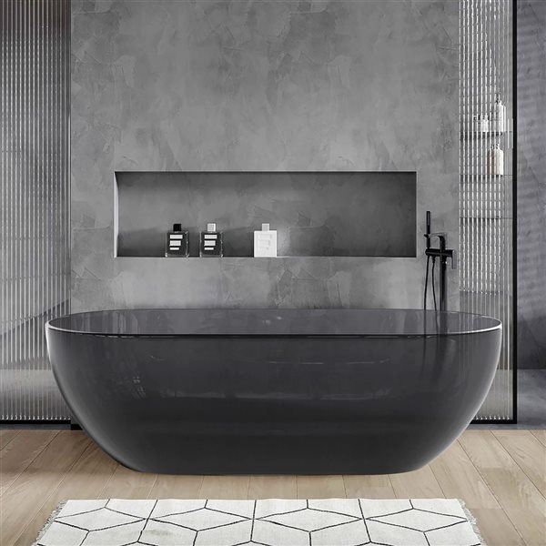 Rainlex 69x30x22-in Freestanding Solid Surface Oval Soaking Bathtub w/ Chrome Pop-Up Drain - Transparent Grey