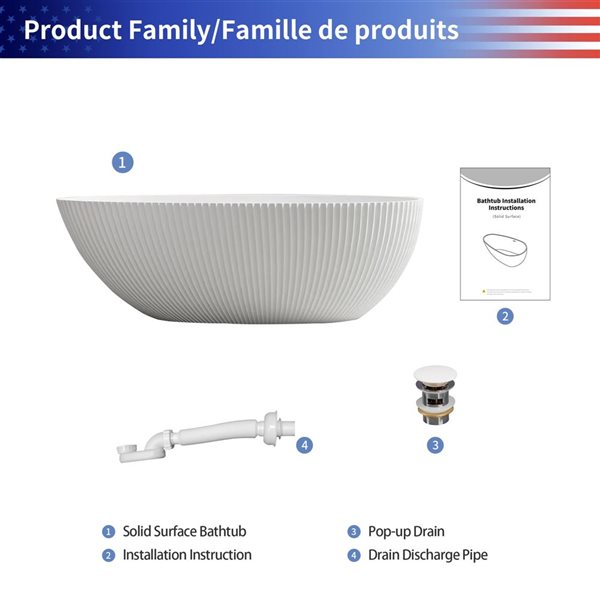 Rainlex 67x34x22-in Freestanding Solid Surface Oval Soaking Bathtub w/ Matte White Pop-Up Drain - White