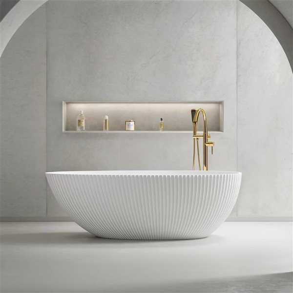 Rainlex 67x34x22-in Freestanding Solid Surface Oval Soaking Bathtub w/ Matte White Pop-Up Drain - White
