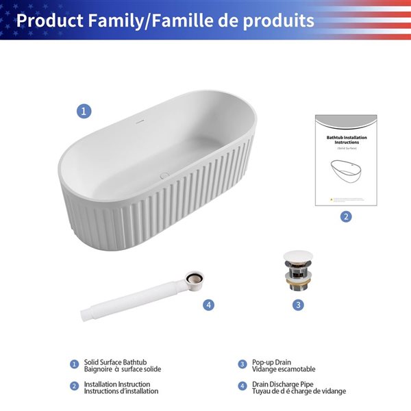 Rainlex 67x29.5x21.7-in Freestanding Solid Surface Oval Soaking Bathtub w/ Matte White Pop-Up Drain - White