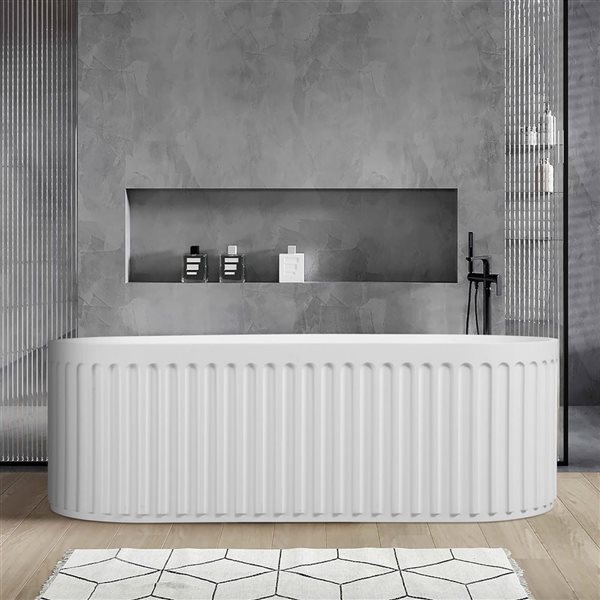 Rainlex 67x29.5x21.7-in Freestanding Solid Surface Oval Soaking Bathtub w/ Matte White Pop-Up Drain - White